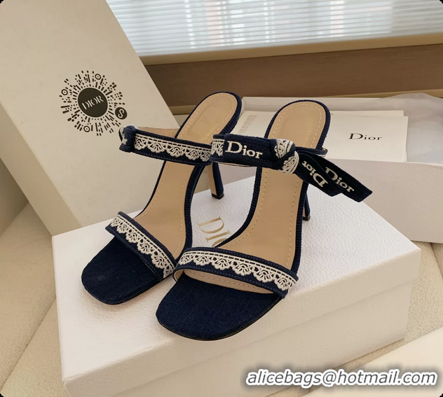 Charming Dior Heeled Sandals Shoes with Jadior Strap Navy Blue Embroidered Cotton 100MM 6062512