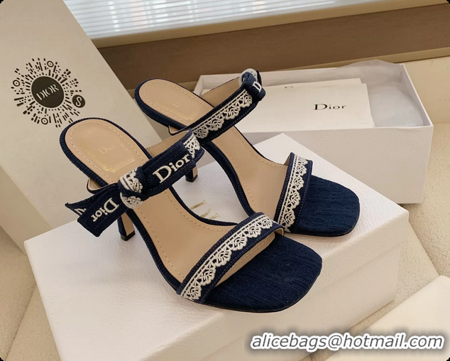 Charming Dior Heeled Sandals Shoes with Jadior Strap Navy Blue Embroidered Cotton 100MM 6062512