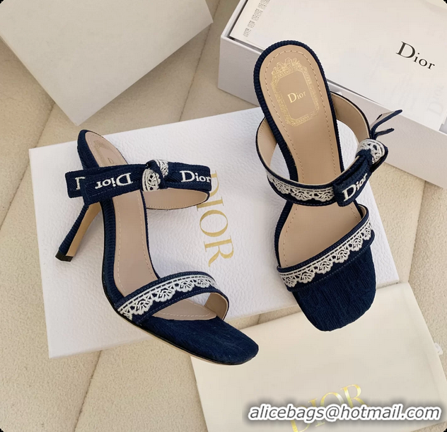 Charming Dior Heeled Sandals Shoes with Jadior Strap Navy Blue Embroidered Cotton 100MM 6062512