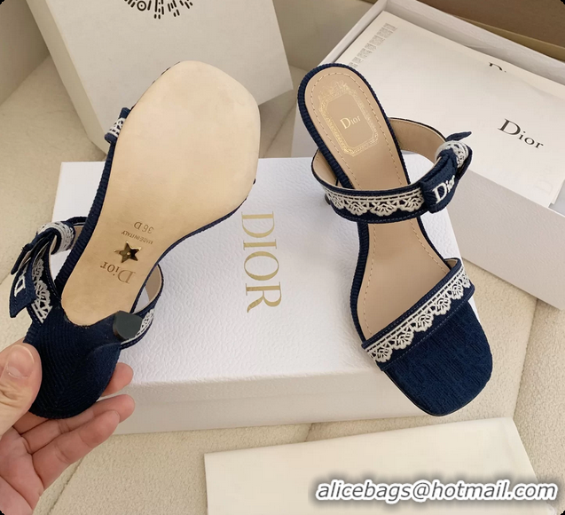 Charming Dior Heeled Sandals Shoes with Jadior Strap Navy Blue Embroidered Cotton 100MM 6062512