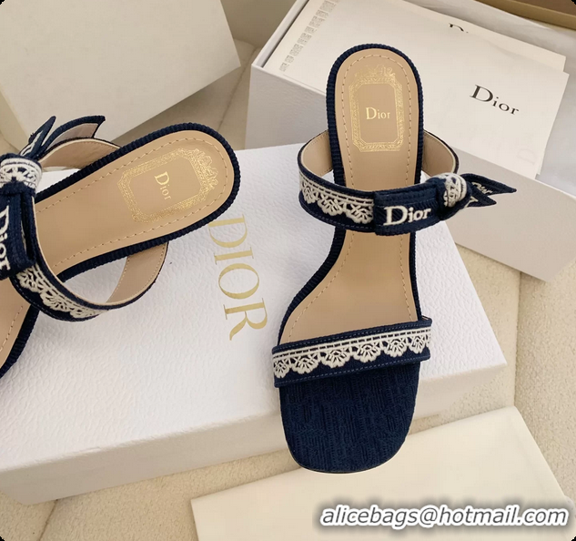 Charming Dior Heeled Sandals Shoes with Jadior Strap Navy Blue Embroidered Cotton 100MM 6062512