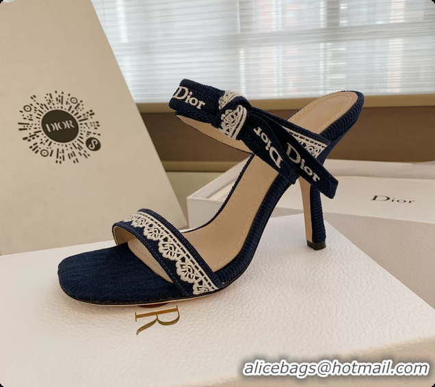 Charming Dior Heeled Sandals Shoes with Jadior Strap Navy Blue Embroidered Cotton 100MM 6062512