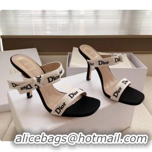 Buy Discount Dior Heeled Sandals Shoes with Jadior Strap Black White Embroidered Cotton 100MM 6062512