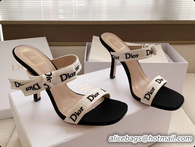 Buy Discount Dior Heeled Sandals Shoes with Jadior Strap Black White Embroidered Cotton 100MM 6062512