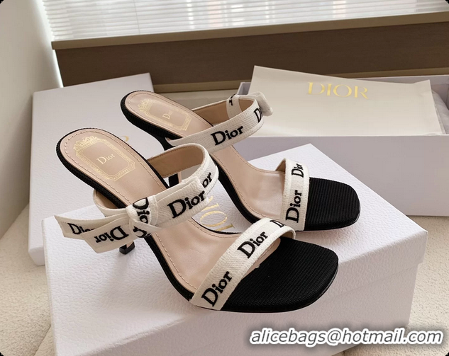 Buy Discount Dior Heeled Sandals Shoes with Jadior Strap Black White Embroidered Cotton 100MM 6062512