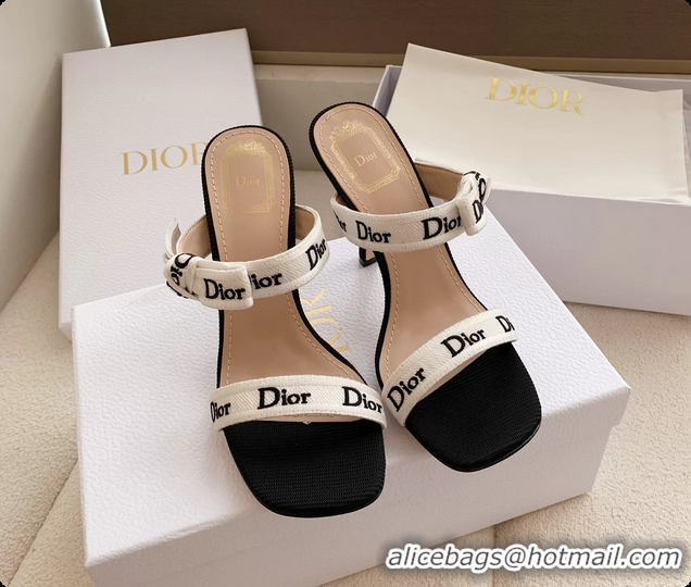 Buy Discount Dior Heeled Sandals Shoes with Jadior Strap Black White Embroidered Cotton 100MM 6062512
