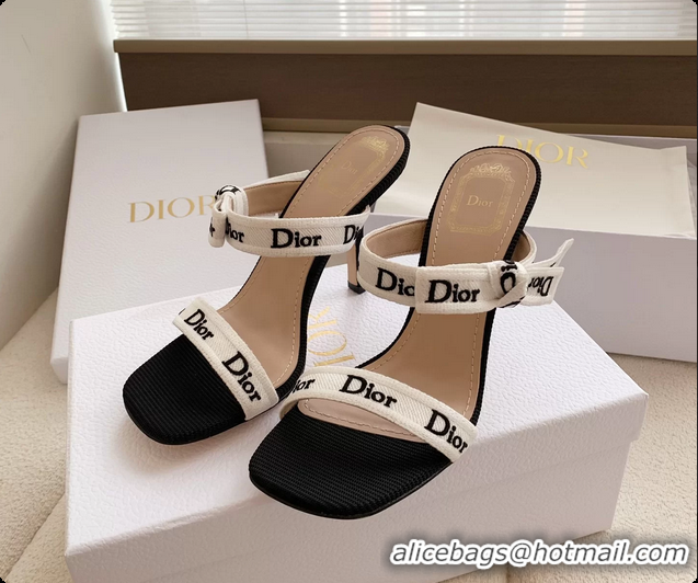 Buy Discount Dior Heeled Sandals Shoes with Jadior Strap Black White Embroidered Cotton 100MM 6062512