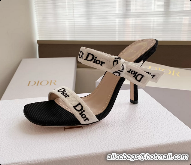 Buy Discount Dior Heeled Sandals Shoes with Jadior Strap Black White Embroidered Cotton 100MM 6062512
