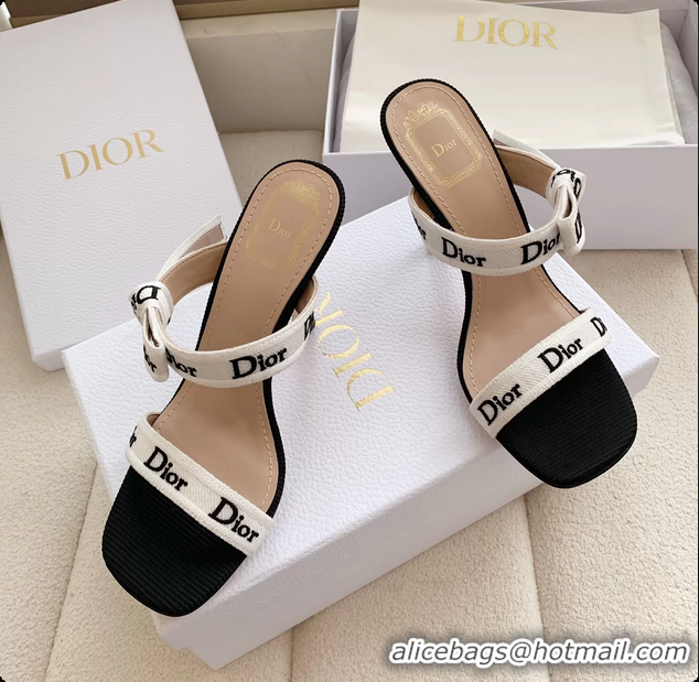 Buy Discount Dior Heeled Sandals Shoes with Jadior Strap Black White Embroidered Cotton 100MM 6062512