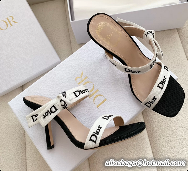 Buy Discount Dior Heeled Sandals Shoes with Jadior Strap Black White Embroidered Cotton 100MM 6062512