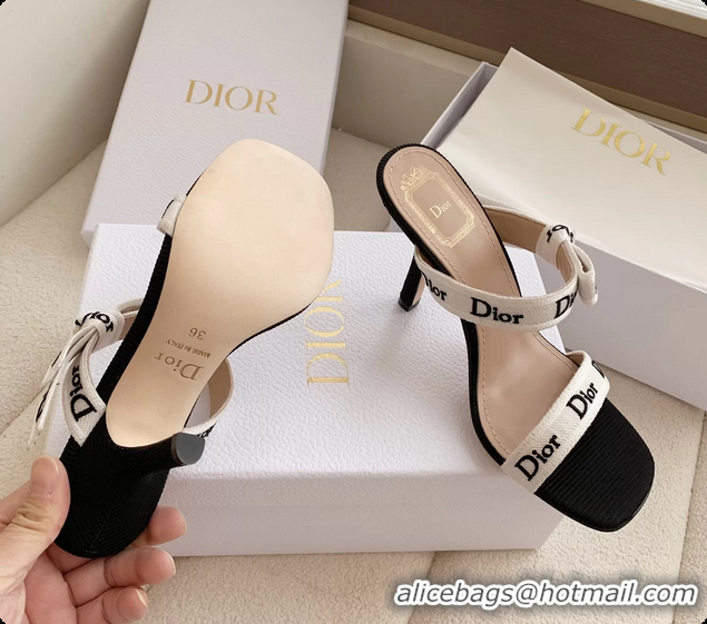 Buy Discount Dior Heeled Sandals Shoes with Jadior Strap Black White Embroidered Cotton 100MM 6062512