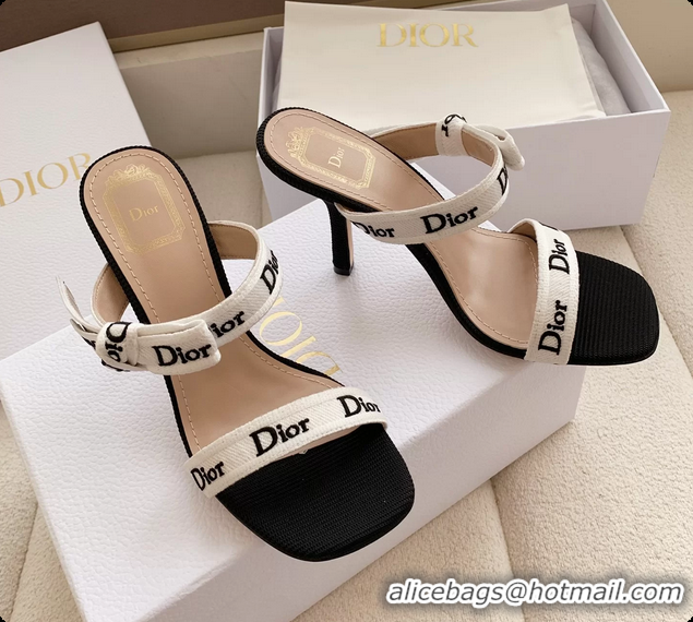 Buy Discount Dior Heeled Sandals Shoes with Jadior Strap Black White Embroidered Cotton 100MM 6062512