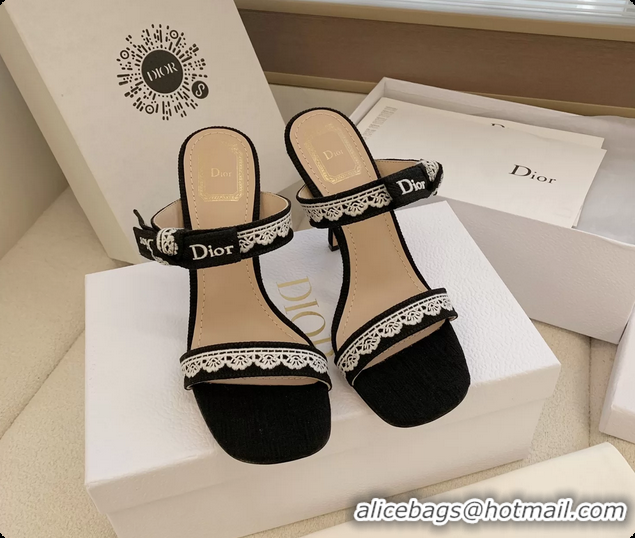 Purchase Dior Heeled Sandals Shoes with Jadior Strap Black Embroidered Cotton 100MM 6062513