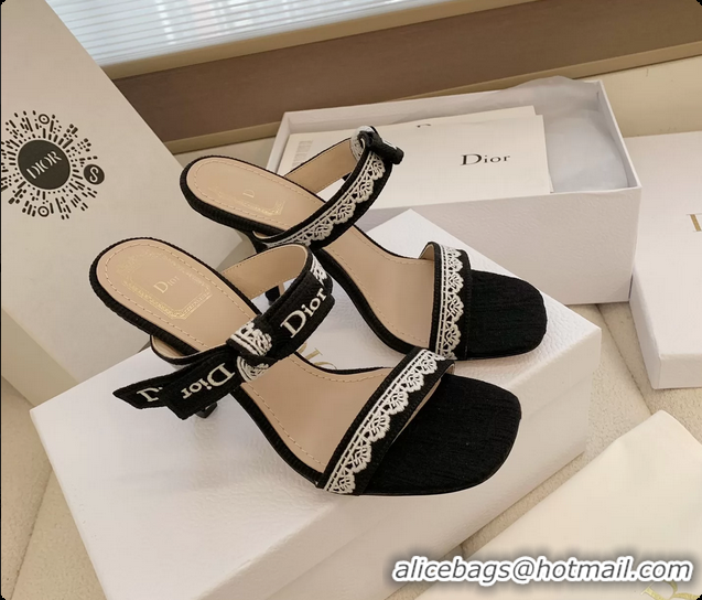 Purchase Dior Heeled Sandals Shoes with Jadior Strap Black Embroidered Cotton 100MM 6062513