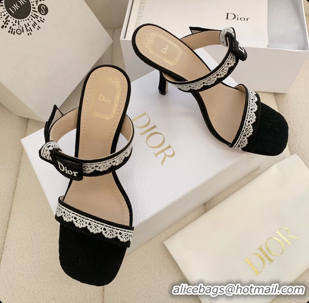 Purchase Dior Heeled Sandals Shoes with Jadior Strap Black Embroidered Cotton 100MM 6062513