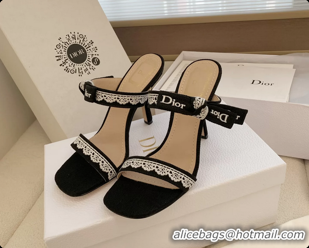 Purchase Dior Heeled Sandals Shoes with Jadior Strap Black Embroidered Cotton 100MM 6062513