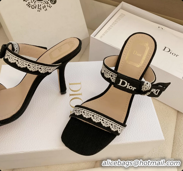 Purchase Dior Heeled Sandals Shoes with Jadior Strap Black Embroidered Cotton 100MM 6062513