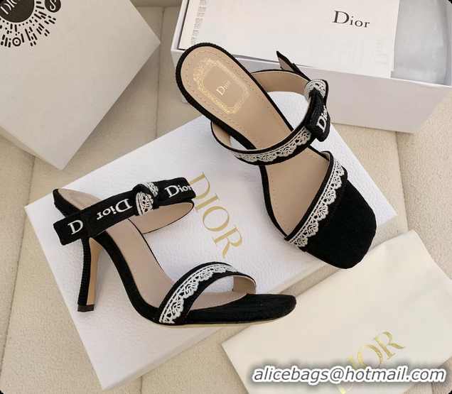 Purchase Dior Heeled Sandals Shoes with Jadior Strap Black Embroidered Cotton 100MM 6062513