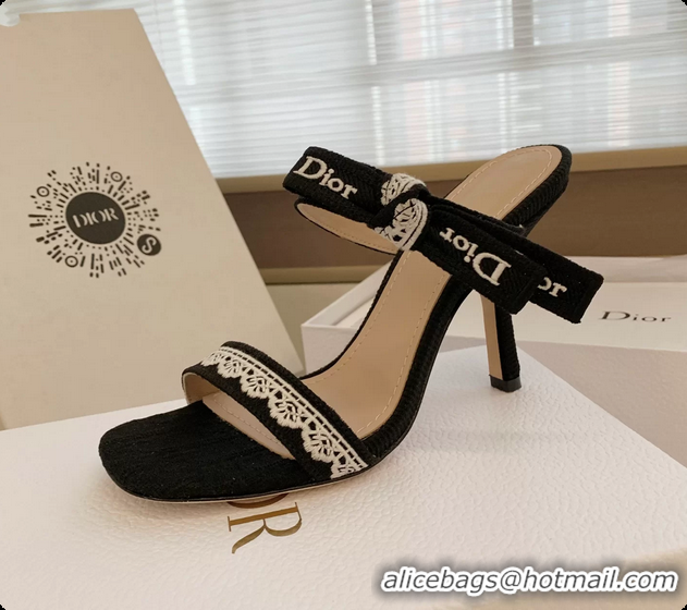 Purchase Dior Heeled Sandals Shoes with Jadior Strap Black Embroidered Cotton 100MM 6062513