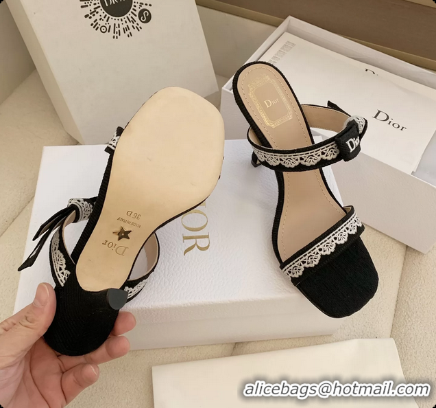Purchase Dior Heeled Sandals Shoes with Jadior Strap Black Embroidered Cotton 100MM 6062513
