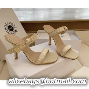 Luxurious Dior Heeled Sandals Shoes with Jadior Strap Beige Embroidered Cotton 100MM 6062513