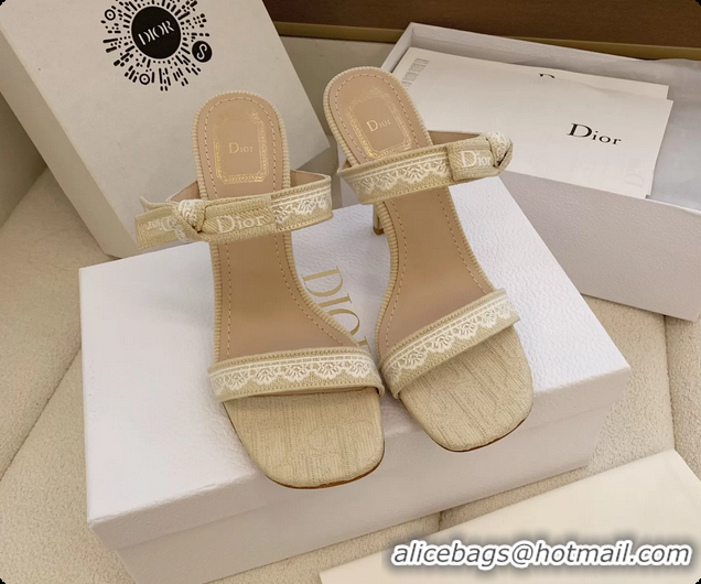 Luxurious Dior Heeled Sandals Shoes with Jadior Strap Beige Embroidered Cotton 100MM 6062513