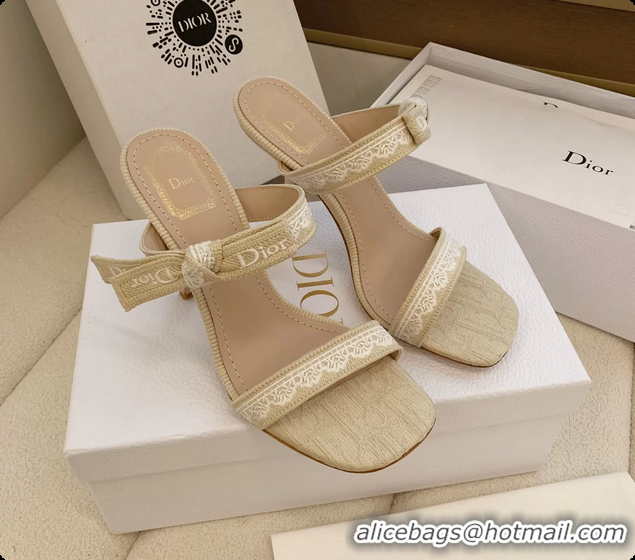 Luxurious Dior Heeled Sandals Shoes with Jadior Strap Beige Embroidered Cotton 100MM 6062513