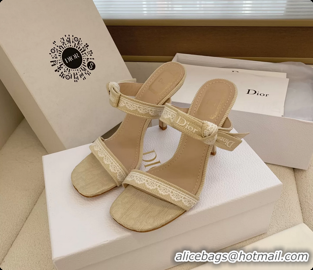 Luxurious Dior Heeled Sandals Shoes with Jadior Strap Beige Embroidered Cotton 100MM 6062513