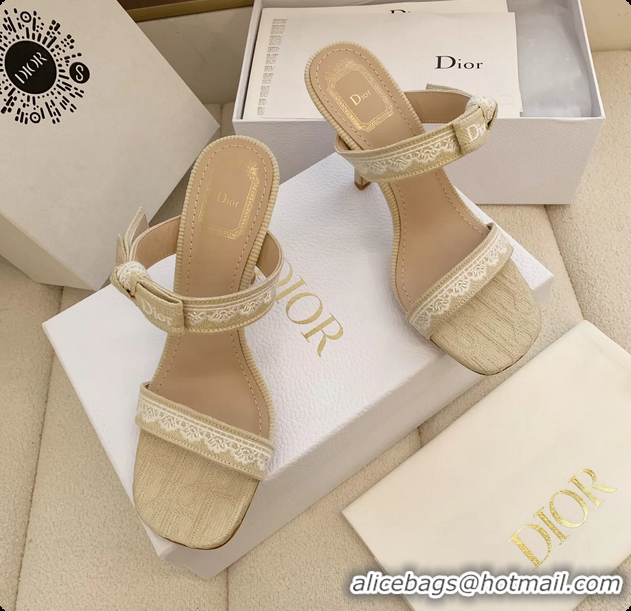 Luxurious Dior Heeled Sandals Shoes with Jadior Strap Beige Embroidered Cotton 100MM 6062513