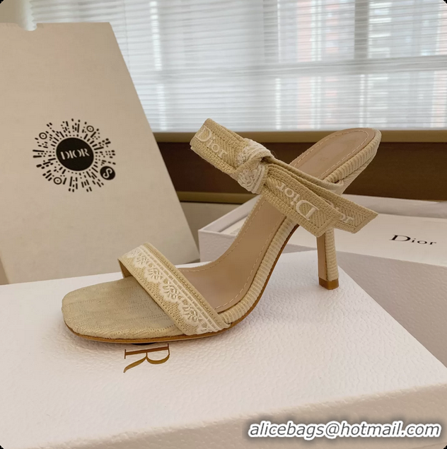 Luxurious Dior Heeled Sandals Shoes with Jadior Strap Beige Embroidered Cotton 100MM 6062513