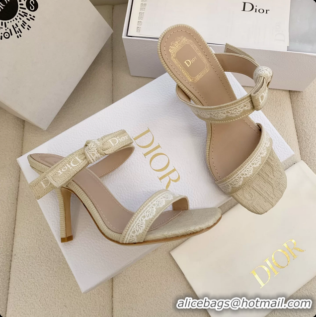 Luxurious Dior Heeled Sandals Shoes with Jadior Strap Beige Embroidered Cotton 100MM 6062513