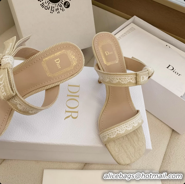 Luxurious Dior Heeled Sandals Shoes with Jadior Strap Beige Embroidered Cotton 100MM 6062513