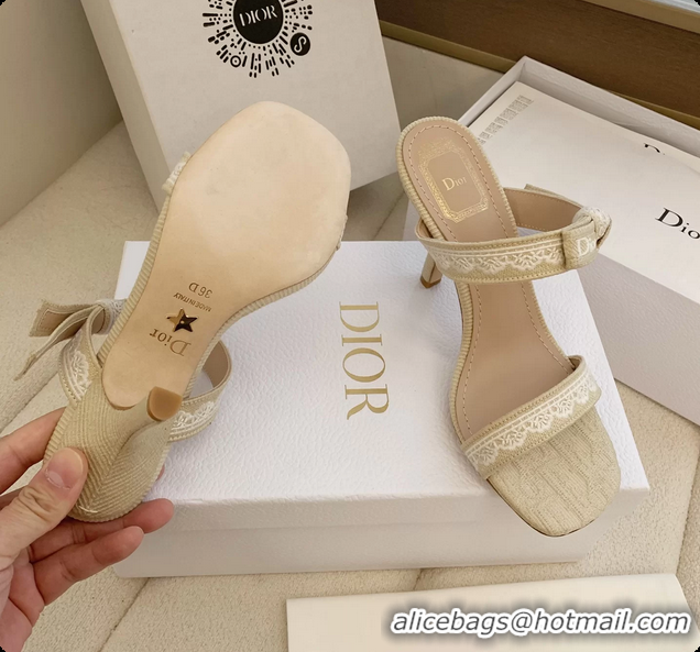 Luxurious Dior Heeled Sandals Shoes with Jadior Strap Beige Embroidered Cotton 100MM 6062513