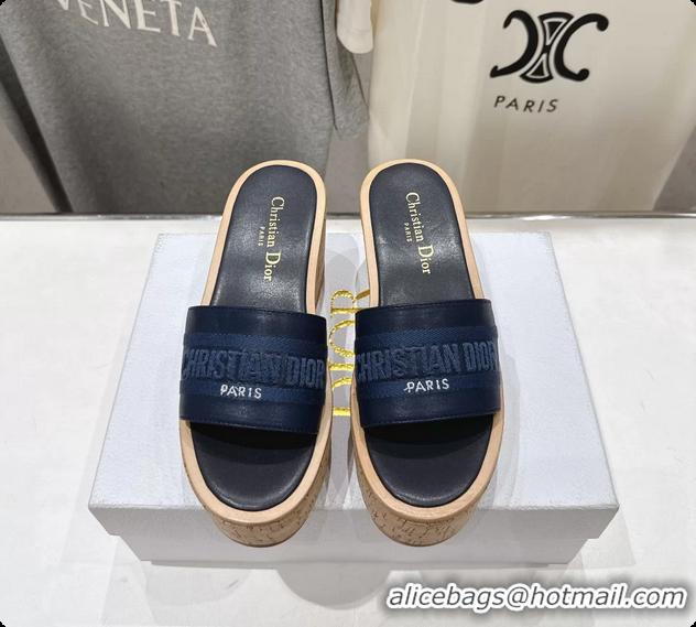 Top Design Dior Dway Platform Slide Sandals Navy Blue Grained Calfskin 6062603