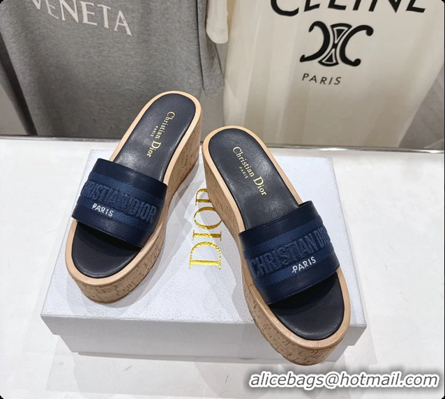 Top Design Dior Dway Platform Slide Sandals Navy Blue Grained Calfskin 6062603