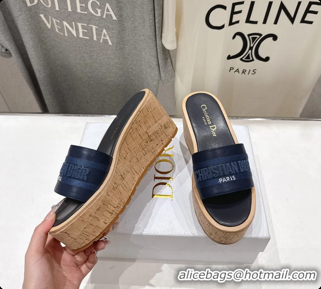 Top Design Dior Dway Platform Slide Sandals Navy Blue Grained Calfskin 6062603