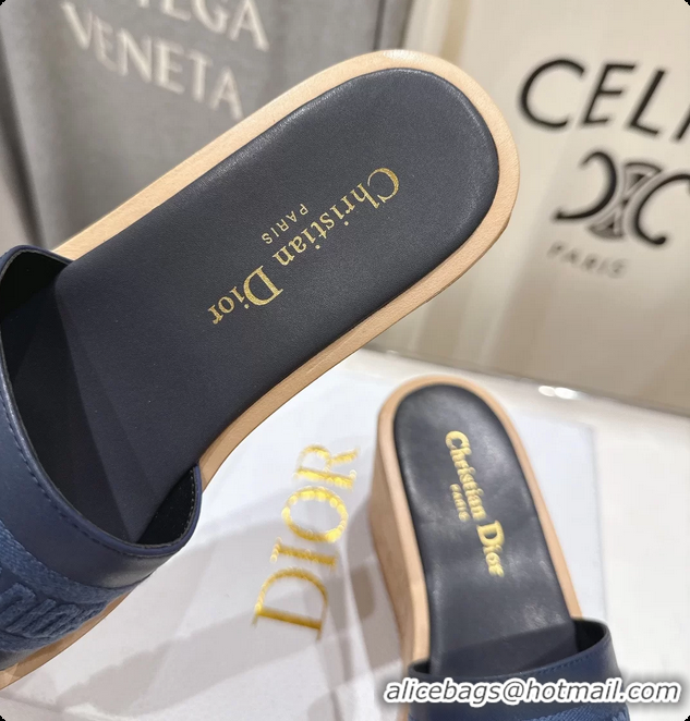 Top Design Dior Dway Platform Slide Sandals Navy Blue Grained Calfskin 6062603