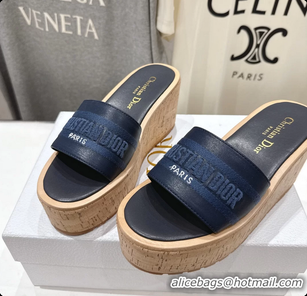Top Design Dior Dway Platform Slide Sandals Navy Blue Grained Calfskin 6062603