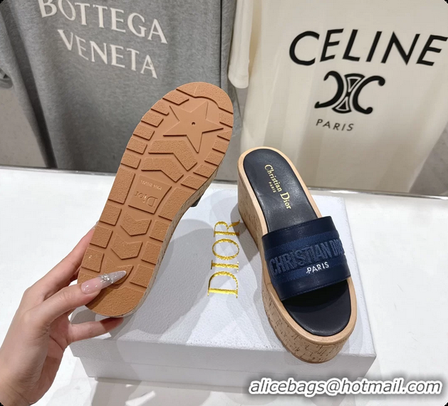 Top Design Dior Dway Platform Slide Sandals Navy Blue Grained Calfskin 6062603