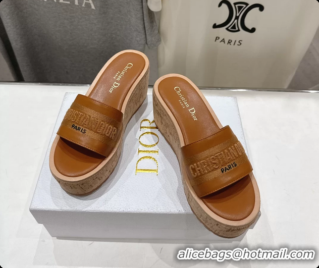 Unique Style Dior Dway Platform Slide Sandals Brown Grained Calfskin 6062603