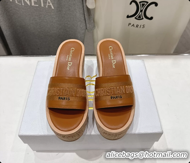 Unique Style Dior Dway Platform Slide Sandals Brown Grained Calfskin 6062603