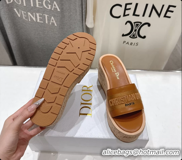 Unique Style Dior Dway Platform Slide Sandals Brown Grained Calfskin 6062603