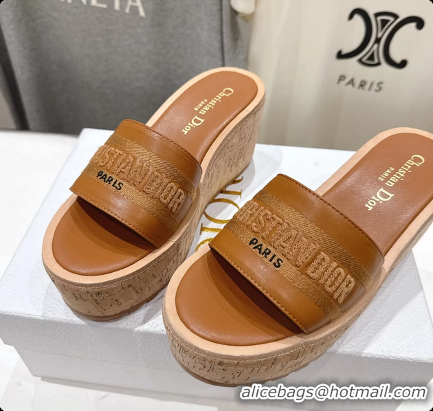 Unique Style Dior Dway Platform Slide Sandals Brown Grained Calfskin 6062603