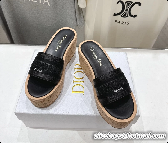 Durable Dior Dway Platform Slide Sandals Black Grained Calfskin 6062603