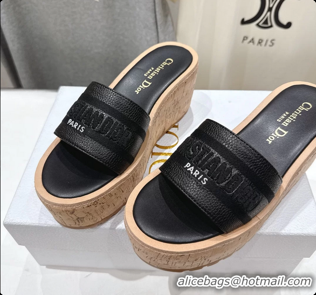 Durable Dior Dway Platform Slide Sandals Black Grained Calfskin 6062603