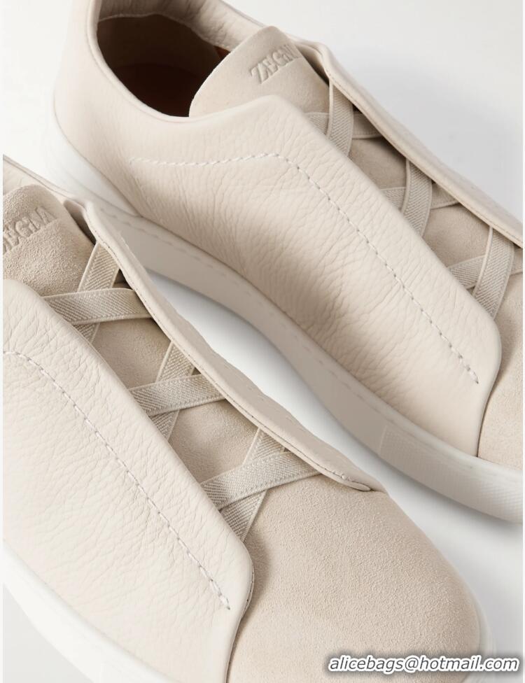 ​Best Price Zegna Triple Stitch Full-Grain Leather and Suede Sneakers Z8920 White
