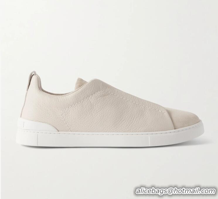​Best Price Zegna Triple Stitch Full-Grain Leather and Suede Sneakers Z8920 White