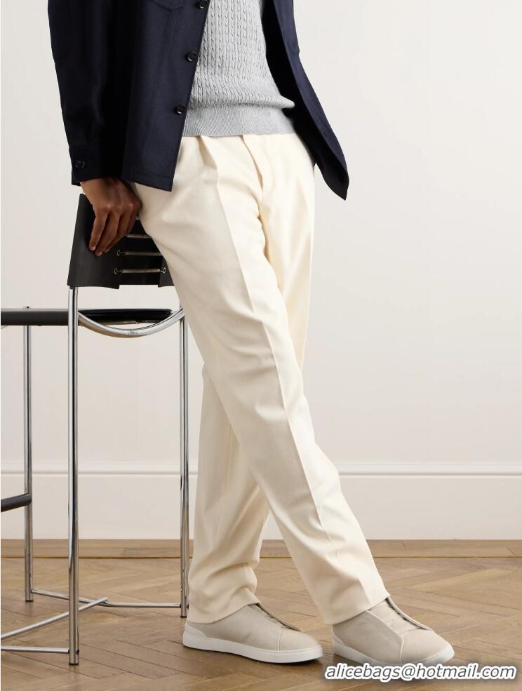 ​Best Price Zegna Triple Stitch Full-Grain Leather and Suede Sneakers Z8920 White