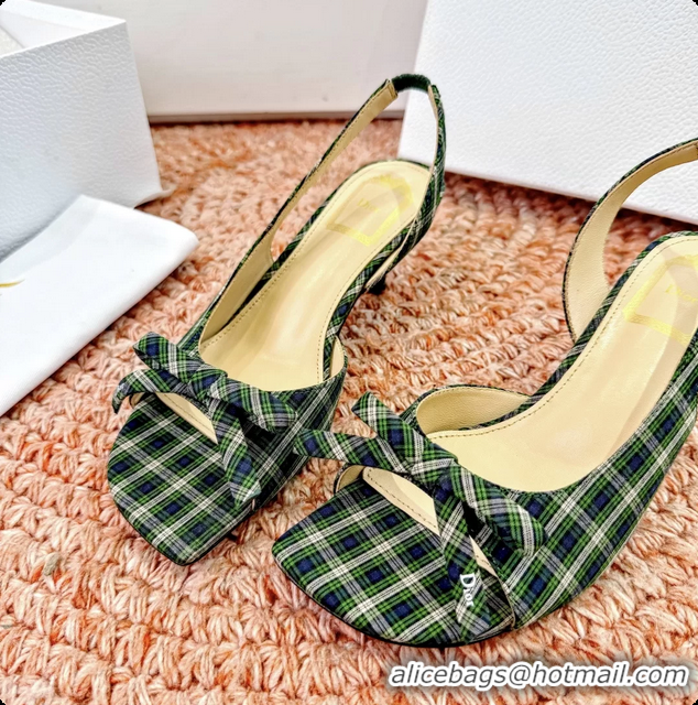 Best Price Dior Bow Green Fabric Satin Heeled Slingback Sandals 6062701