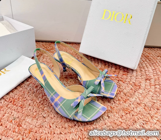Classic Hot Dior Bow Green Blue Fabric Satin Heeled Slingback Sandals 6062701